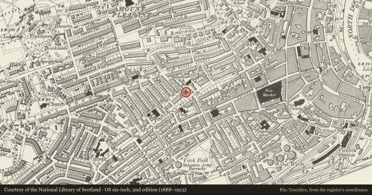 Ordnance Survey six-inch map, 2nd edition (1888–1913) covering the location of YMCA Building including Nos. 2-4, Castle, Swansea, with a pin at the register's coordinates