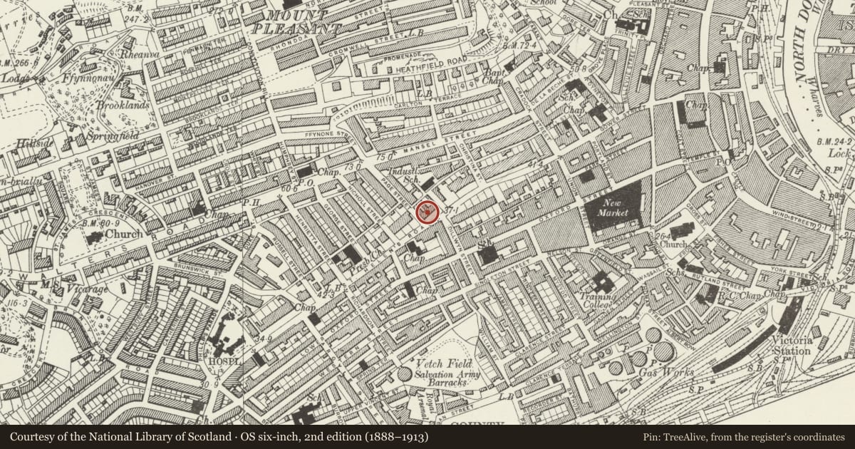 Ordnance Survey six-inch map, 2nd edition (1888–1913) covering the location of Llewellyn Hall including Nos. 2-4, Castle, Swansea, with a pin at the register's coordinates