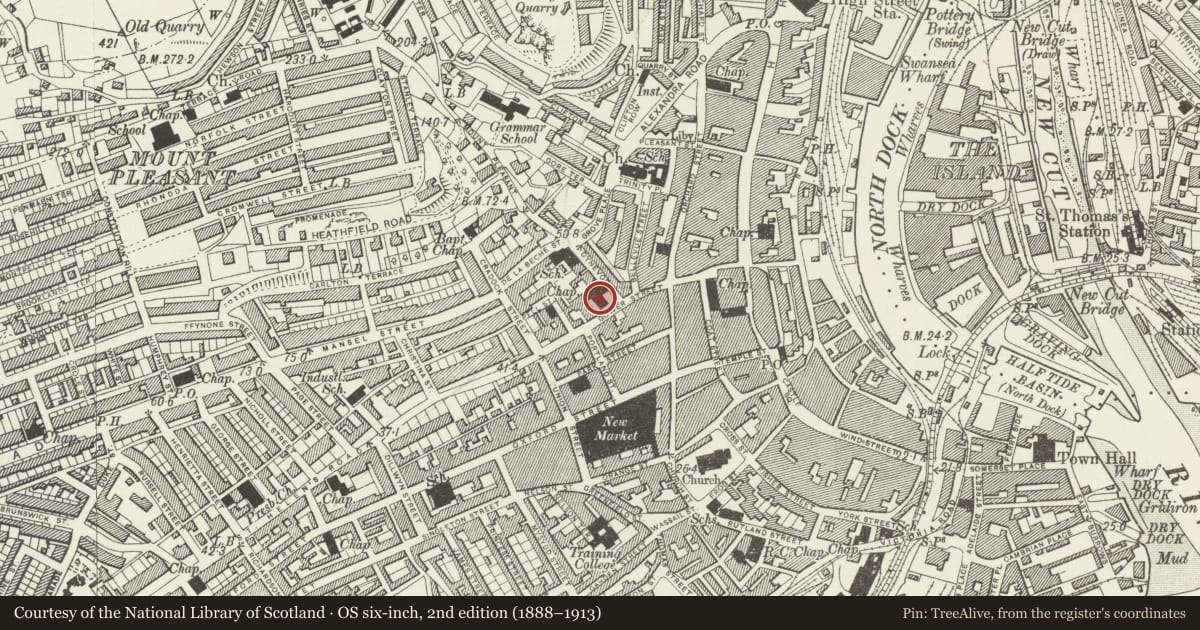 Ordnance Survey six-inch map, 2nd edition (1888–1913) covering the location of Mount Pleasant Baptist Church, Castle, Swansea, with a pin at the register's coordinates