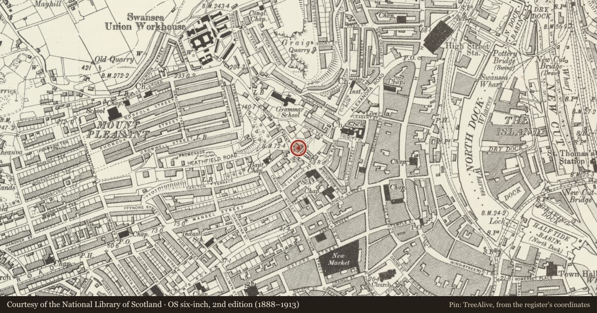 Ordnance Survey six-inch map, 2nd edition (1888–1913) covering the location of Offices of Community Industry, Castle, Swansea, with a pin at the register's coordinates