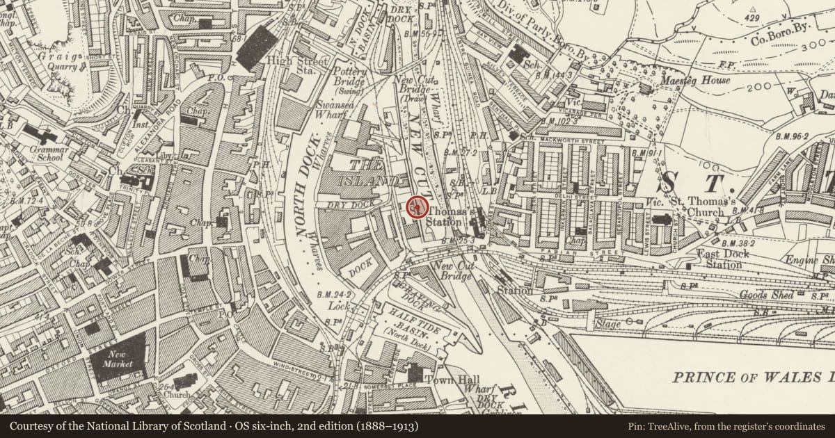 Ordnance Survey six-inch map, 2nd edition (1888–1913) covering the location of Iron Bollard Close to River Tawe to N of New Cut Bridge, Castle, Swansea, with a pin at the register's coordinates