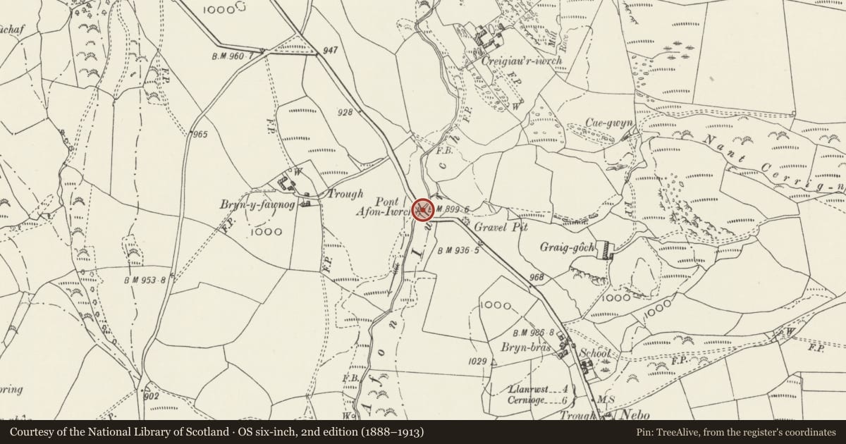Ordnance Survey six-inch map, 2nd edition (1888–1913) covering the location of Pont Iwrch, Bro Garmon, Conwy, with a pin at the register's coordinates