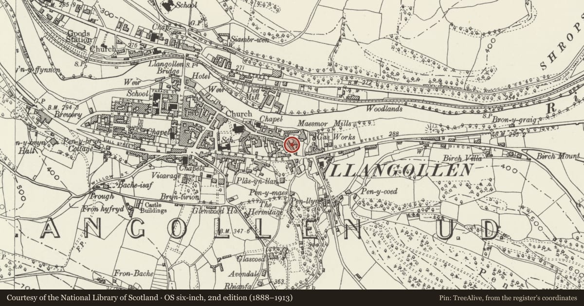 Ordnance Survey six-inch map, 2nd edition (1888–1913) covering the location of 49 Church Street, Llangollen, Denbighshire, with a pin at the register's coordinates