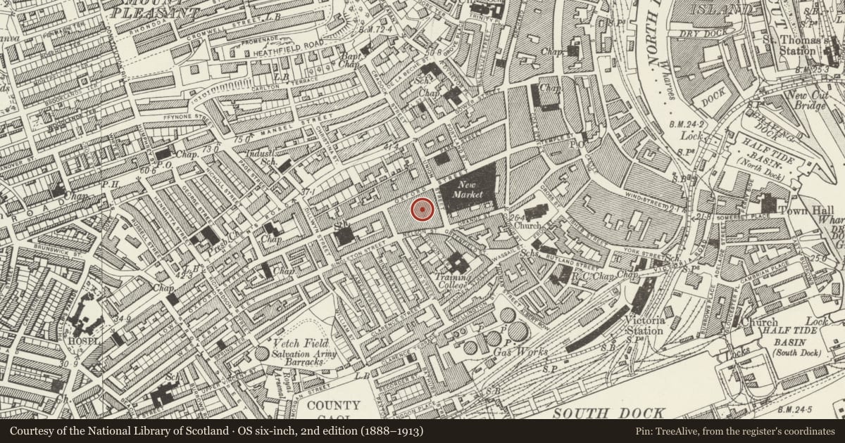 Ordnance Survey six-inch map, 2nd edition (1888–1913) covering the location of Restaurant including Nos. 18B & 18C, Castle, Swansea, with a pin at the register's coordinates