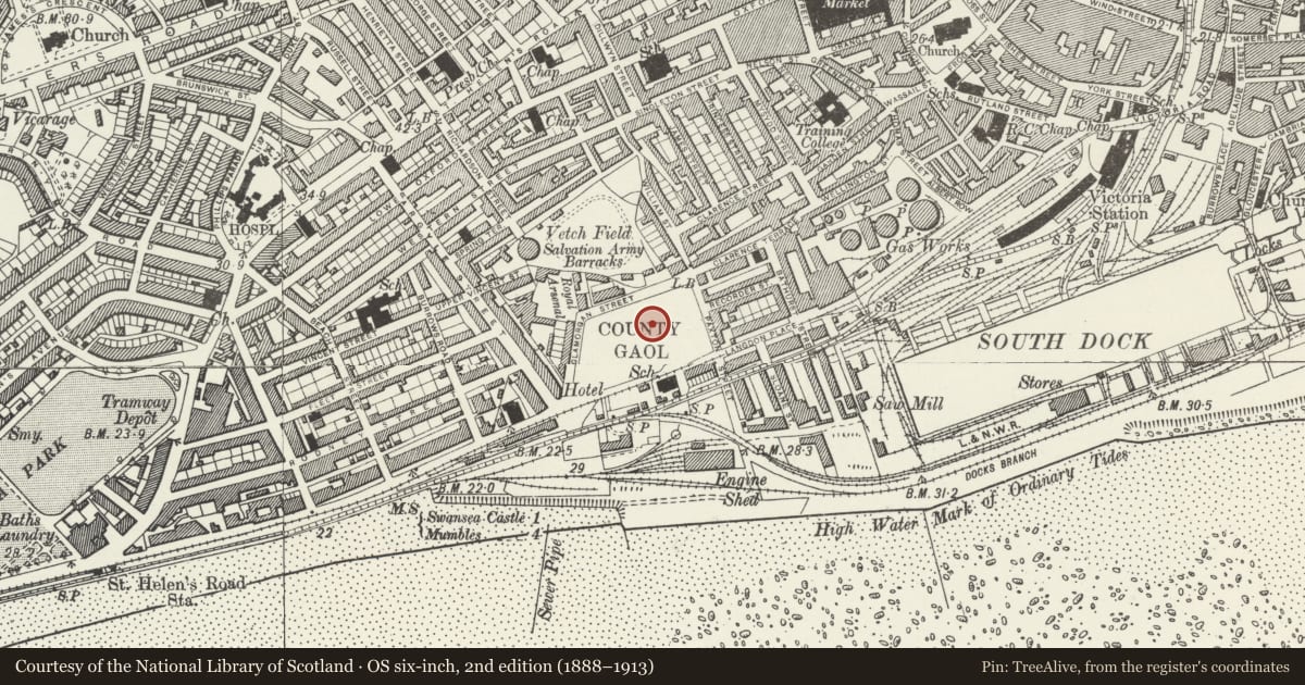 Ordnance Survey six-inch map, 2nd edition (1888–1913) covering the location of H.M.Prison, Main Block (A.Wing), Castle, Swansea, with a pin at the register's coordinates