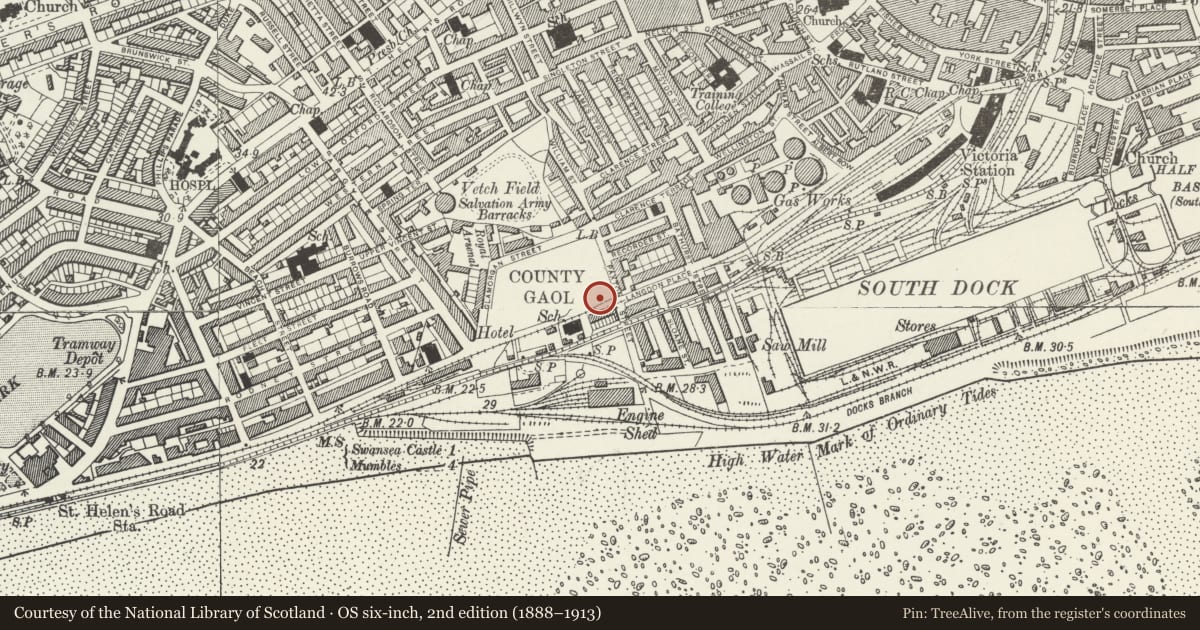 Ordnance Survey six-inch map, 2nd edition (1888–1913) covering the location of H.M.Prison, Gatehouse Building, Castle, Swansea, with a pin at the register's coordinates