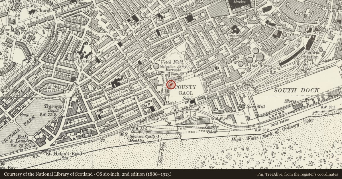 Ordnance Survey six-inch map, 2nd edition (1888–1913) covering the location of H.M.Prison, Perimeter Walls, Castle, Swansea, with a pin at the register's coordinates