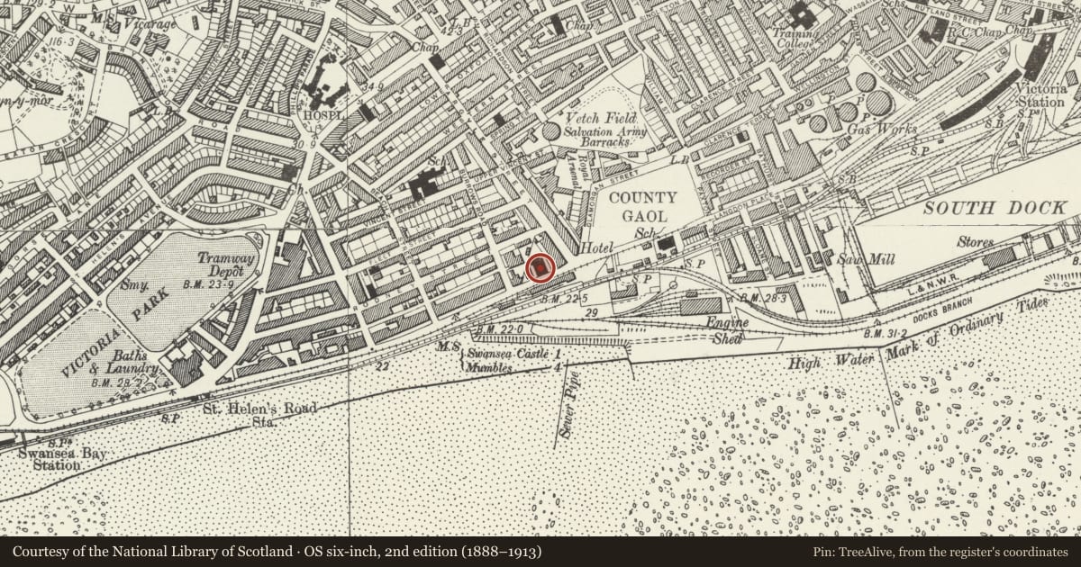 Ordnance Survey six-inch map, 2nd edition (1888–1913) covering the location of Christ Church (Garrison Church of Swansea), Castle, Swansea, with a pin at the register's coordinates