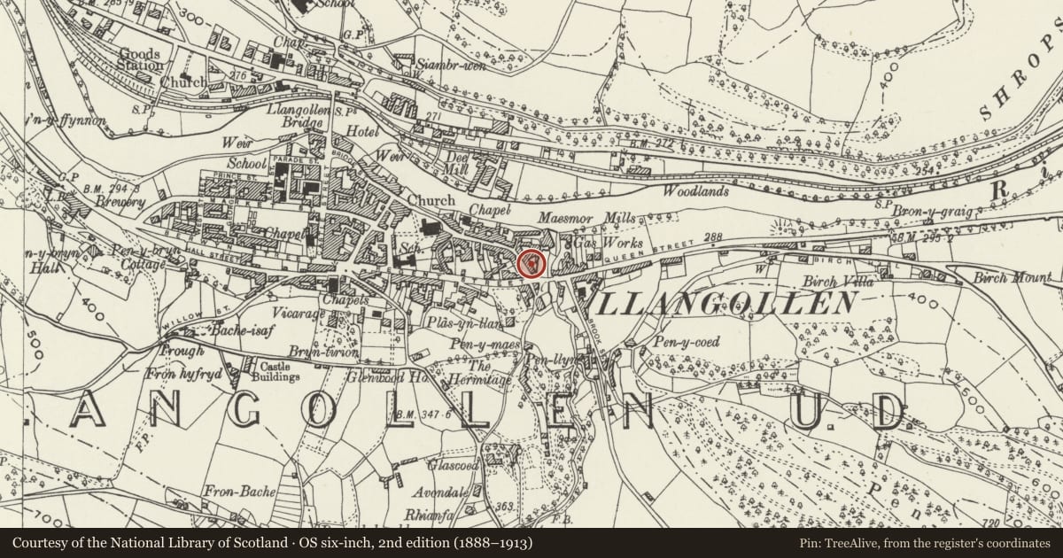Ordnance Survey six-inch map, 2nd edition (1888–1913) covering the location of 51 Church Street, Llangollen, Denbighshire, with a pin at the register's coordinates