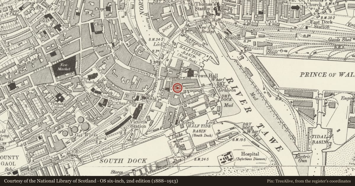 Ordnance Survey six-inch map, 2nd edition (1888–1913) covering the location of 1A Pier Street, Waterfront/Y Glannau, Swansea, with a pin at the register's coordinates