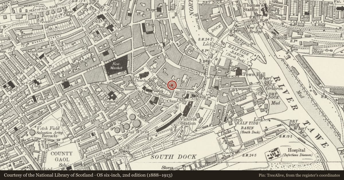 Ordnance Survey six-inch map, 2nd edition (1888–1913) covering the location of 2 Princes Way, Castle, Swansea, with a pin at the register's coordinates
