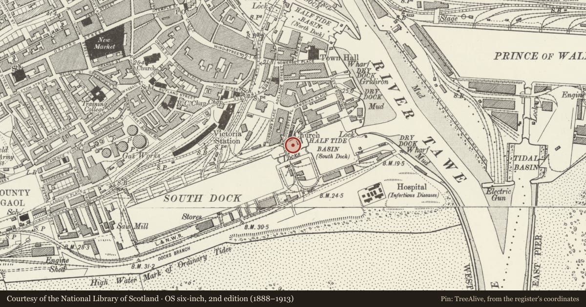 Ordnance Survey six-inch map, 2nd edition (1888–1913) covering the location of The Pump House, Waterfront/Y Glannau, Swansea, with a pin at the register's coordinates