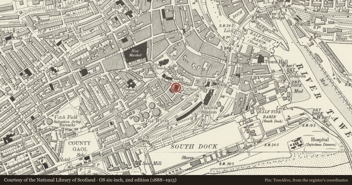 Ordnance Survey six-inch map, 2nd edition (1888–1913) covering the location of St. David's Priory Catholic Church, Castle, Swansea, with a pin at the register's coordinates
