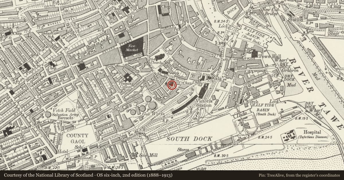 Ordnance Survey six-inch map, 2nd edition (1888–1913) covering the location of Presbytery at Catholic Church of St David, Castle, Swansea, with a pin at the register's coordinates