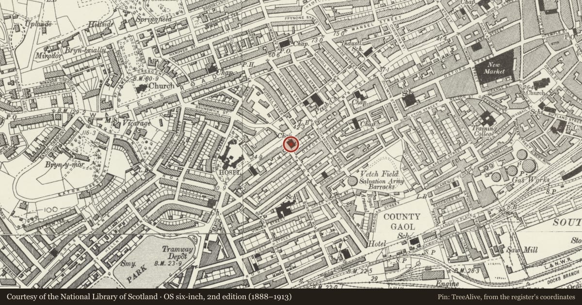 Ordnance Survey six-inch map, 2nd edition (1888–1913) covering the location of Argyle Presbyterian Church of Wales, Castle, Swansea, with a pin at the register's coordinates