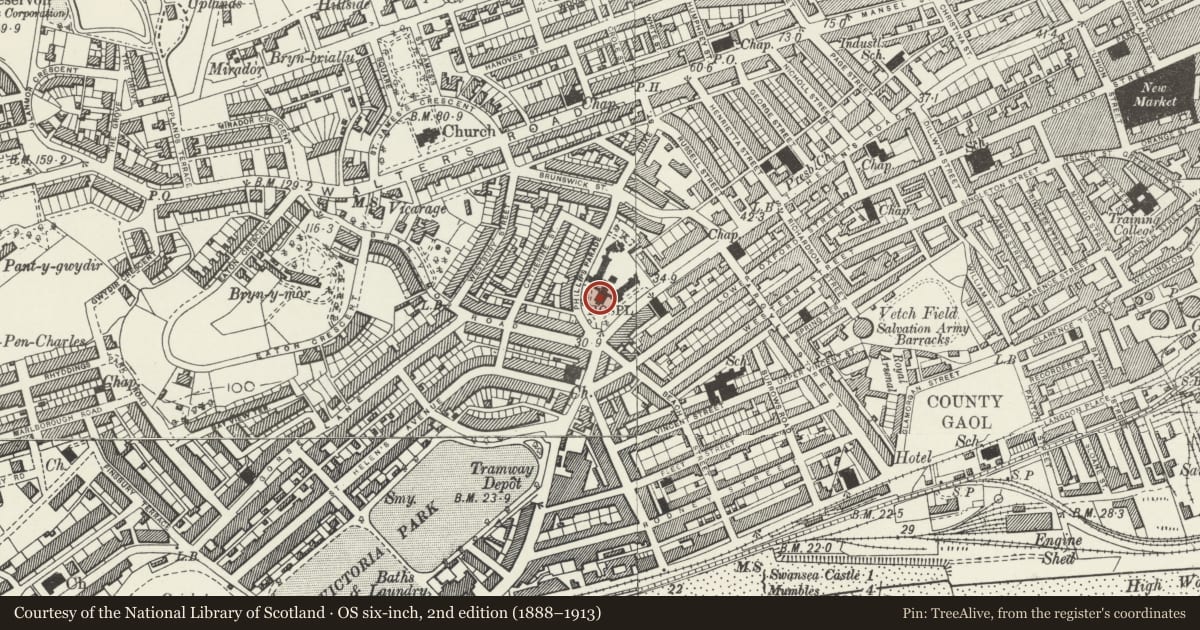 Ordnance Survey six-inch map, 2nd edition (1888–1913) covering the location of Clock Tower & Administration Block to Former Swansea Hospital, Castle, Swansea, with a pin at the register's coordinates