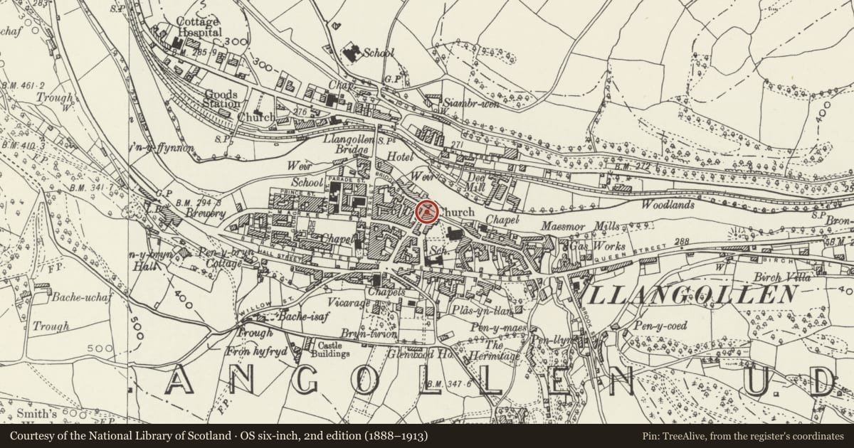 Ordnance Survey six-inch map, 2nd edition (1888–1913) covering the location of Hand Hotel, Llangollen, Denbighshire, with a pin at the register's coordinates
