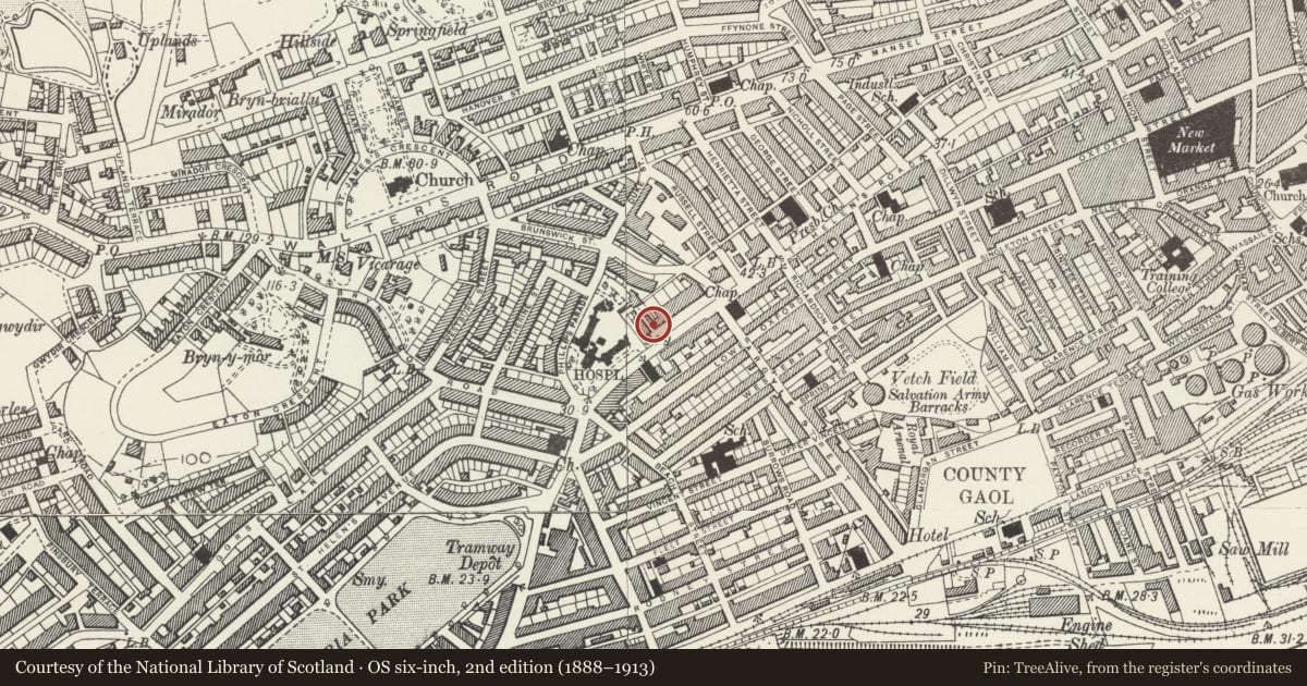 Ordnance Survey six-inch map, 2nd edition (1888–1913) covering the location of Mercer Offices including Brunswick Health Centre & Douglas-Jones, Castle, Swansea, with a pin at the register's coordinates
