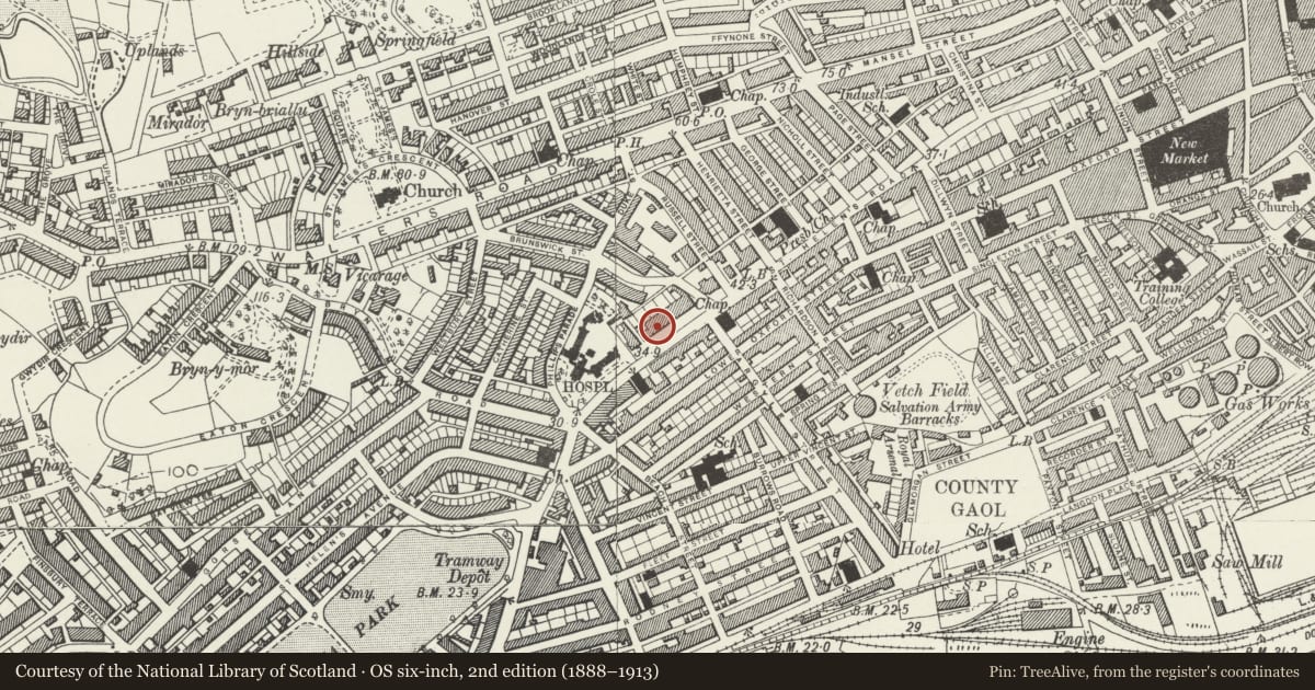 Ordnance Survey six-inch map, 2nd edition (1888–1913) covering the location of Mercer Offices including Brunswick Health Centre & Douglas-Jones, Castle, Swansea, with a pin at the register's coordinates