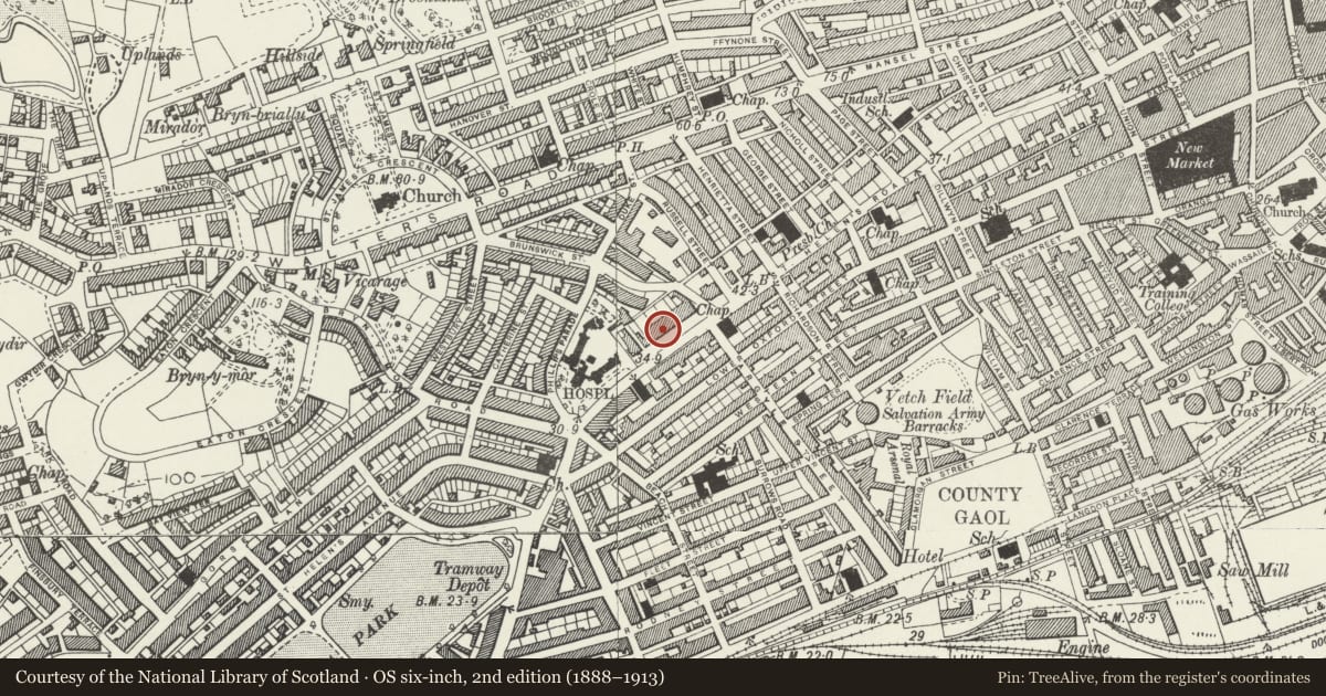 Ordnance Survey six-inch map, 2nd edition (1888–1913) covering the location of Mercer Offices, including Brunswick Health Centre & Douglas-Jones, Castle, Swansea, with a pin at the register's coordinates