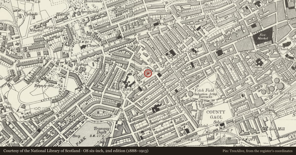 Ordnance Survey six-inch map, 2nd edition (1888–1913) covering the location of Mercer Offices, including Brunswick Health Centre & Douglas-Jones, Castle, Swansea, with a pin at the register's coordinates