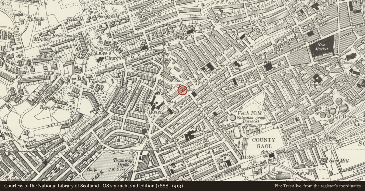 Ordnance Survey six-inch map, 2nd edition (1888–1913) covering the location of Mercer Offices, including Brunswick Health Centre & Douglas-Jones, Castle, Swansea, with a pin at the register's coordinates