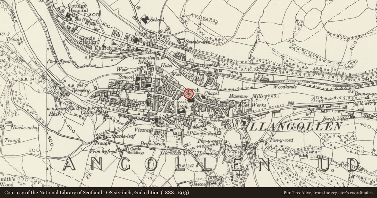 Ordnance Survey six-inch map, 2nd edition (1888–1913) covering the location of Churchyard Wall to N.of st. Collen's Parish Church, Including Gated Entry, Llangollen, Denbighshire, with a pin at the register's coordinates