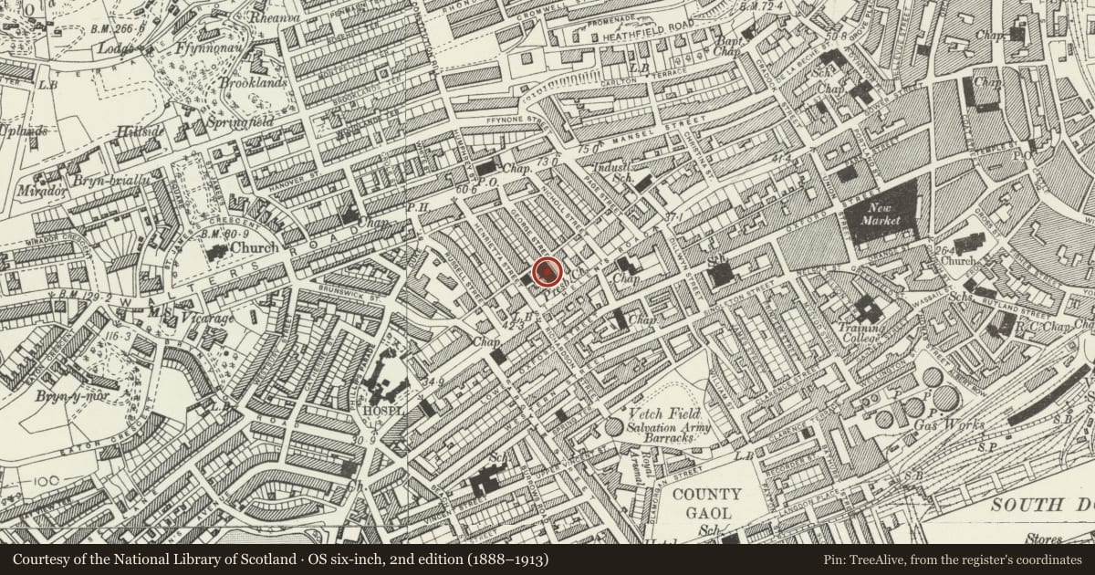 Ordnance Survey six-inch map, 2nd edition (1888–1913) covering the location of St Andrew's United Reformed Church, Castle, Swansea, with a pin at the register's coordinates