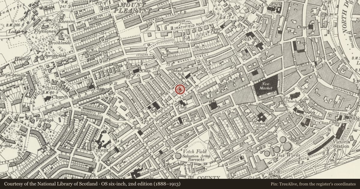 Ordnance Survey six-inch map, 2nd edition (1888–1913) covering the location of Pagefield House (Quaker Meeting House), Castle, Swansea, with a pin at the register's coordinates