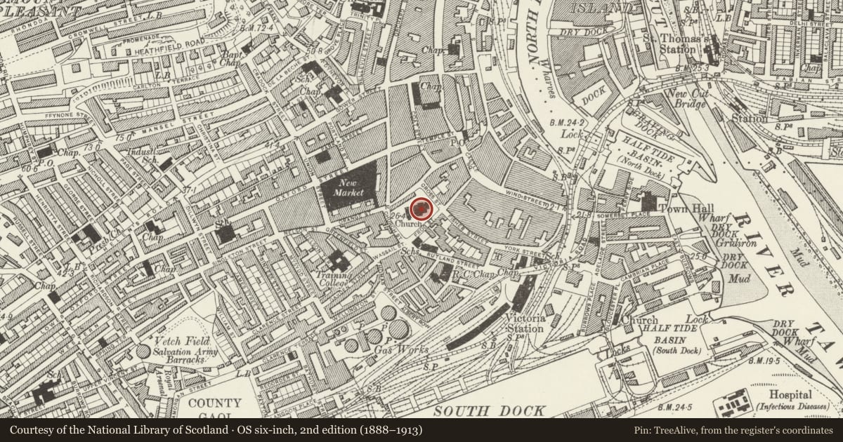 Ordnance Survey six-inch map, 2nd edition (1888–1913) covering the location of Church of St Mary, Castle, Swansea, with a pin at the register's coordinates