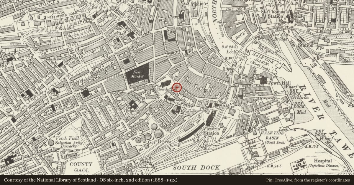 Ordnance Survey six-inch map, 2nd edition (1888–1913) covering the location of Swansea County Court & Offices, Castle, Swansea, with a pin at the register's coordinates