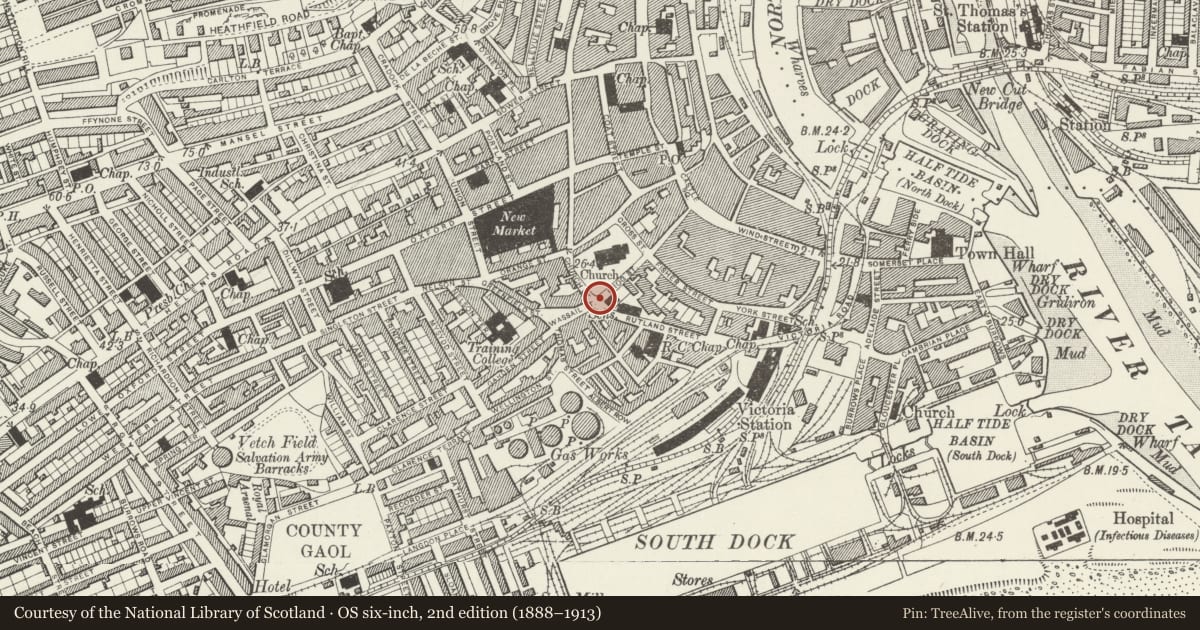 Ordnance Survey six-inch map, 2nd edition (1888–1913) covering the location of Pedestal & Statue of Sir H.Hussey Vivian, Castle, Swansea, with a pin at the register's coordinates
