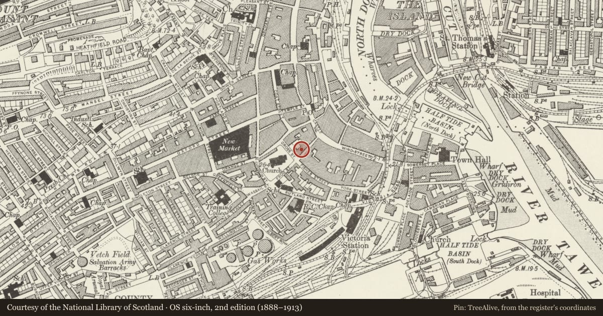Ordnance Survey six-inch map, 2nd edition (1888–1913) covering the location of Old Cross Keys PH, Castle, Swansea, with a pin at the register's coordinates
