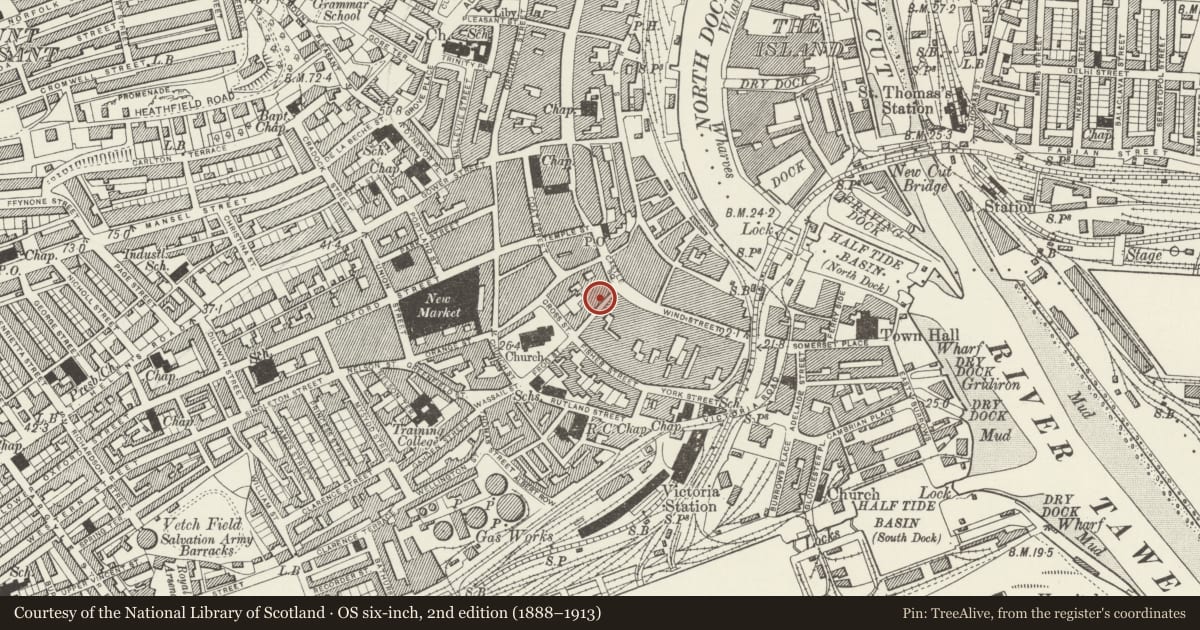 Ordnance Survey six-inch map, 2nd edition (1888–1913) covering the location of 17 St Mary's Street, Castle, Swansea, with a pin at the register's coordinates