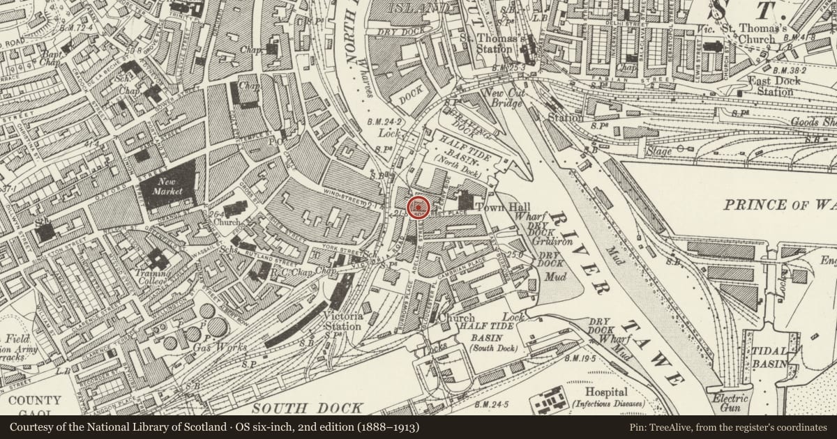 Ordnance Survey six-inch map, 2nd edition (1888–1913) covering the location of (also known as Prospect Place), Waterfront/Y Glannau, Swansea, with a pin at the register's coordinates
