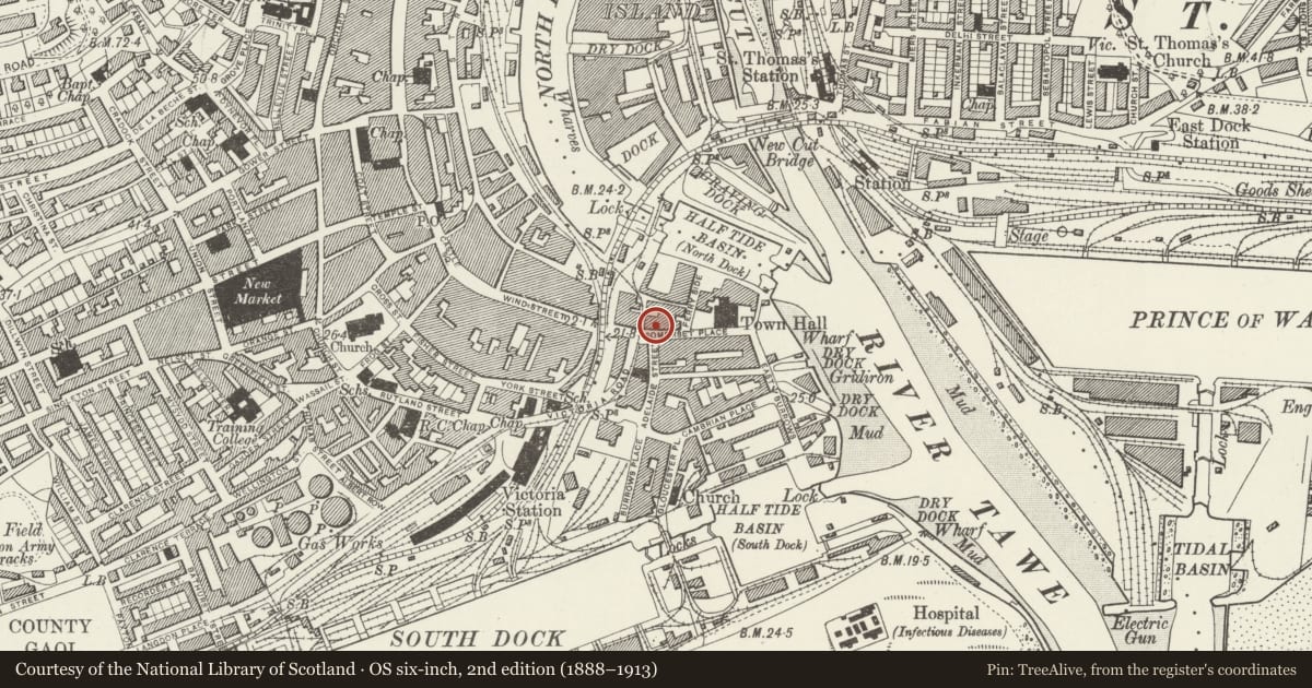 Ordnance Survey six-inch map, 2nd edition (1888–1913) covering the location of (also known as Prospect Place), Waterfront/Y Glannau, Swansea, with a pin at the register's coordinates