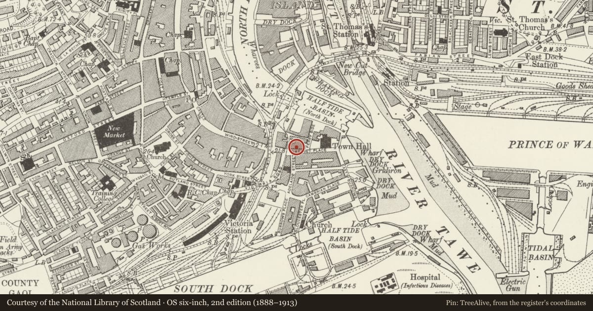 Ordnance Survey six-inch map, 2nd edition (1888–1913) covering the location of (also known as Prospect Place), Waterfront/Y Glannau, Swansea, with a pin at the register's coordinates