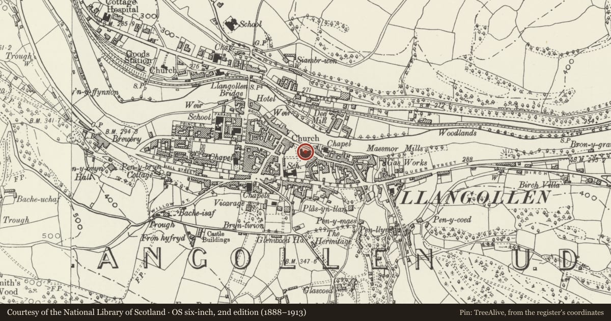 Ordnance Survey six-inch map, 2nd edition (1888–1913) covering the location of St.Collen's Parish Church, Llangollen, Denbighshire, with a pin at the register's coordinates