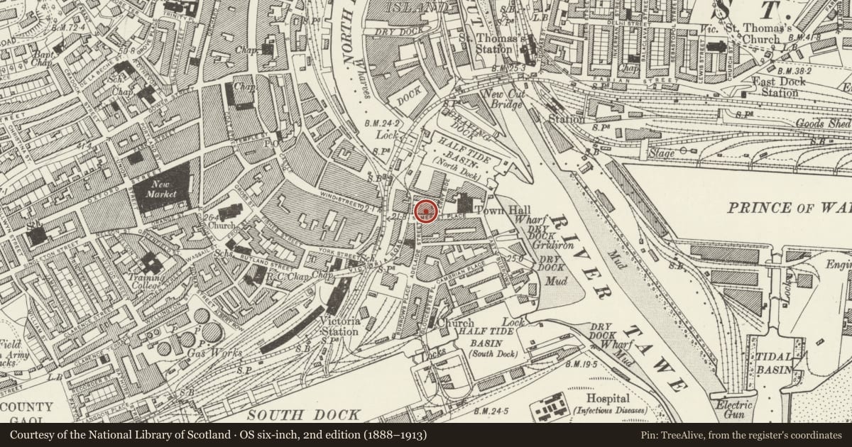 Ordnance Survey six-inch map, 2nd edition (1888–1913) covering the location of (also known as Prospect Place), Waterfront/Y Glannau, Swansea, with a pin at the register's coordinates