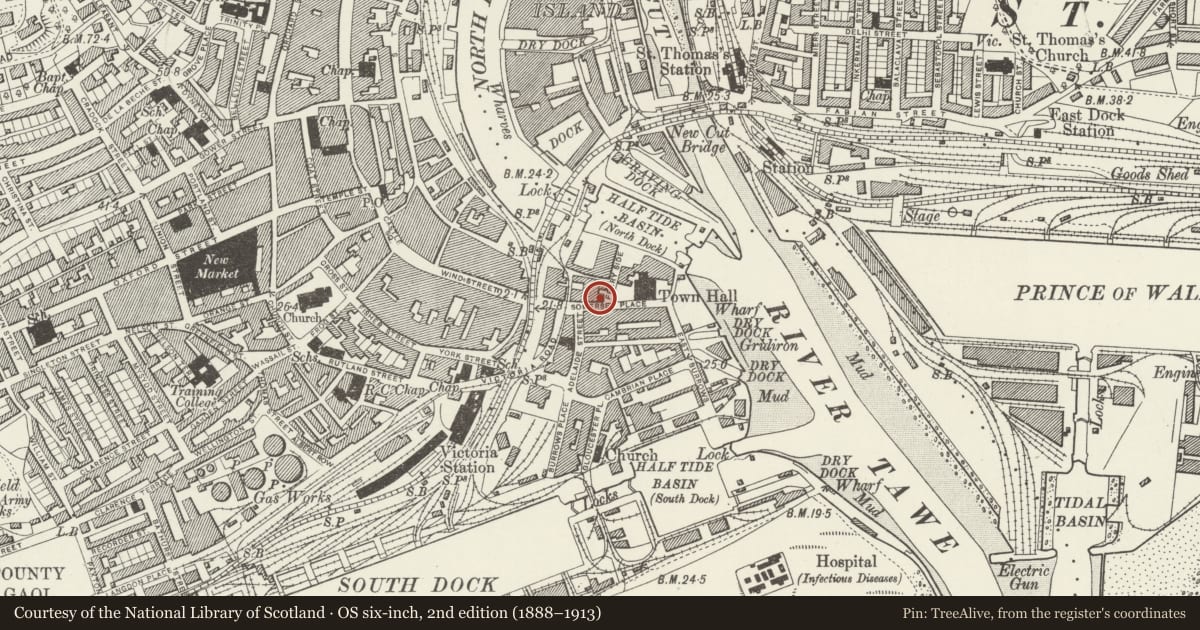 Ordnance Survey six-inch map, 2nd edition (1888–1913) covering the location of (also known as Prospect Place), Waterfront/Y Glannau, Swansea, with a pin at the register's coordinates