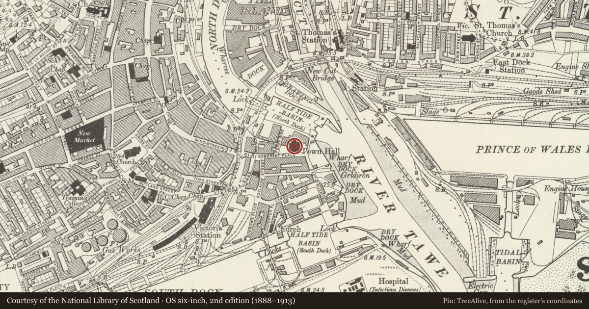 Ordnance Survey six-inch map, 2nd edition (1888–1913) covering the location of The Old Guildhall (Former Annexe to Dynevor Comprehensive School), Waterfront/Y Glannau, Swansea, with a pin at the register's coordinates