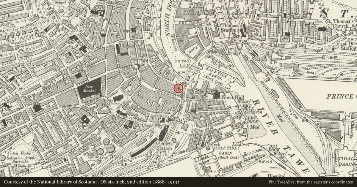 Ordnance Survey six-inch map, 2nd edition (1888–1913) covering the location of No 4 The Strand (Colonial Buildings including Ace Electrical Spares Centre), Castle, Swansea, with a pin at the register's coordinates