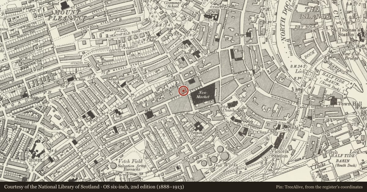 Ordnance Survey six-inch map, 2nd edition (1888–1913) covering the location of Tavern PH & Ye Olde Wine Shoppe, Castle, Swansea, with a pin at the register's coordinates