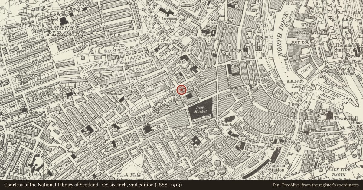 Ordnance Survey six-inch map, 2nd edition (1888–1913) covering the location of Mond Buildings, Castle, Swansea, with a pin at the register's coordinates