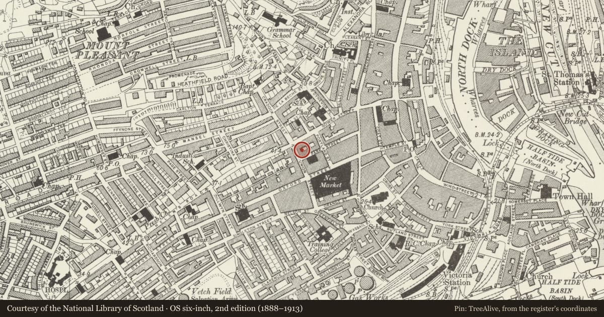 Ordnance Survey six-inch map, 2nd edition (1888–1913) covering the location of Mond Buildings, Castle, Swansea, with a pin at the register's coordinates
