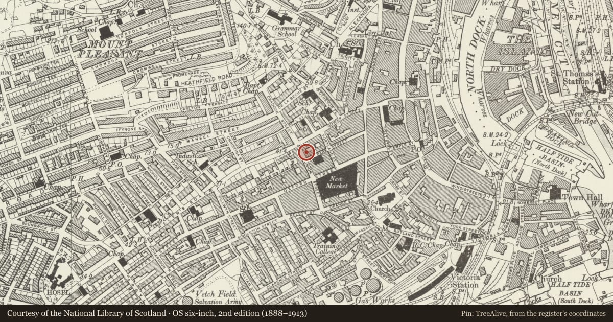 Ordnance Survey six-inch map, 2nd edition (1888–1913) covering the location of Mond Buildings, Castle, Swansea, with a pin at the register's coordinates