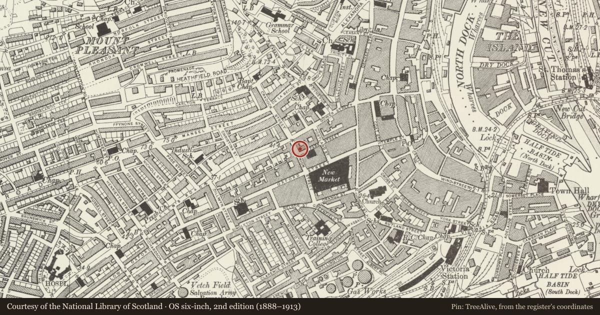 Ordnance Survey six-inch map, 2nd edition (1888–1913) covering the location of Mond Buildings, Castle, Swansea, with a pin at the register's coordinates