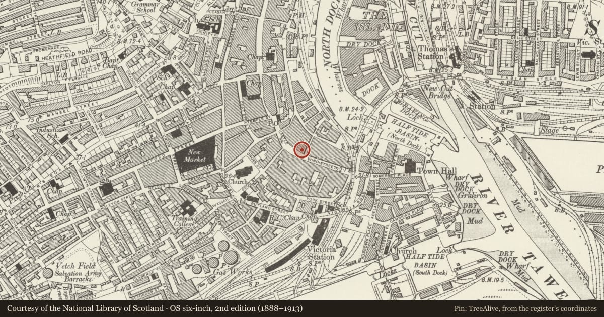 Ordnance Survey six-inch map, 2nd edition (1888–1913) covering the location of Liverpool Victoria Insurance Offices Including "Cane Connection" Shop, Castle, Swansea, with a pin at the register's coordinates