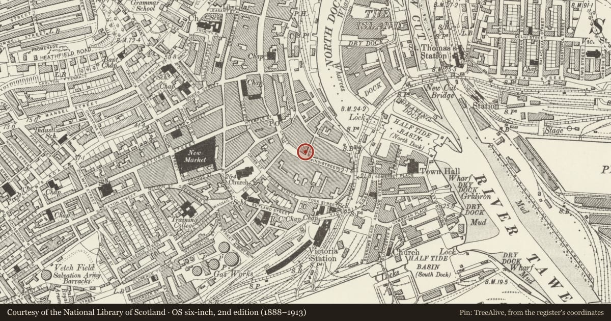 Ordnance Survey six-inch map, 2nd edition (1888–1913) covering the location of National Bank Ltd, Castle, Swansea, with a pin at the register's coordinates