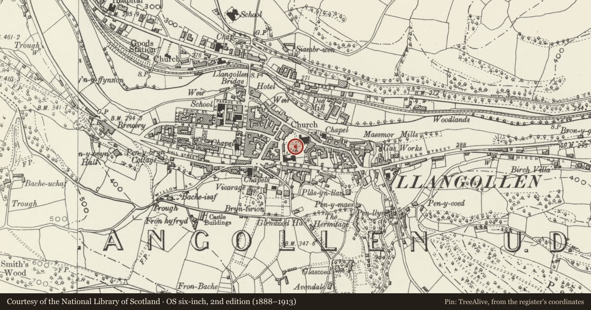 Ordnance Survey six-inch map, 2nd edition (1888–1913) covering the location of Monument to the Ladies of Llangollen & their Housekeeper in the Churchyard of St. Collen's Parish Ch, Denbighshire, with a pin at the register's coordinates